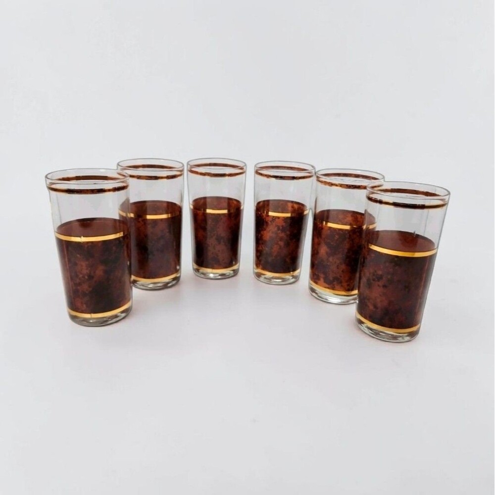 Culver Tortoiseshell Brazilian Brown Highball Glasses 22K Gold Barware Set of 6